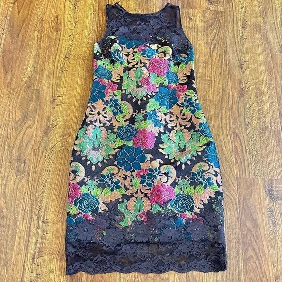 Kay Unger multi floral brocade dress brown lace shift - Picture 1 of 6